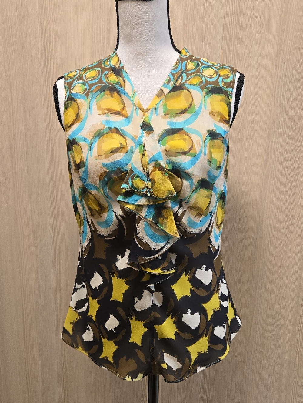 Lafayette 148 New York Yellow and Blue Ruffle Front Sleeveless Blouse